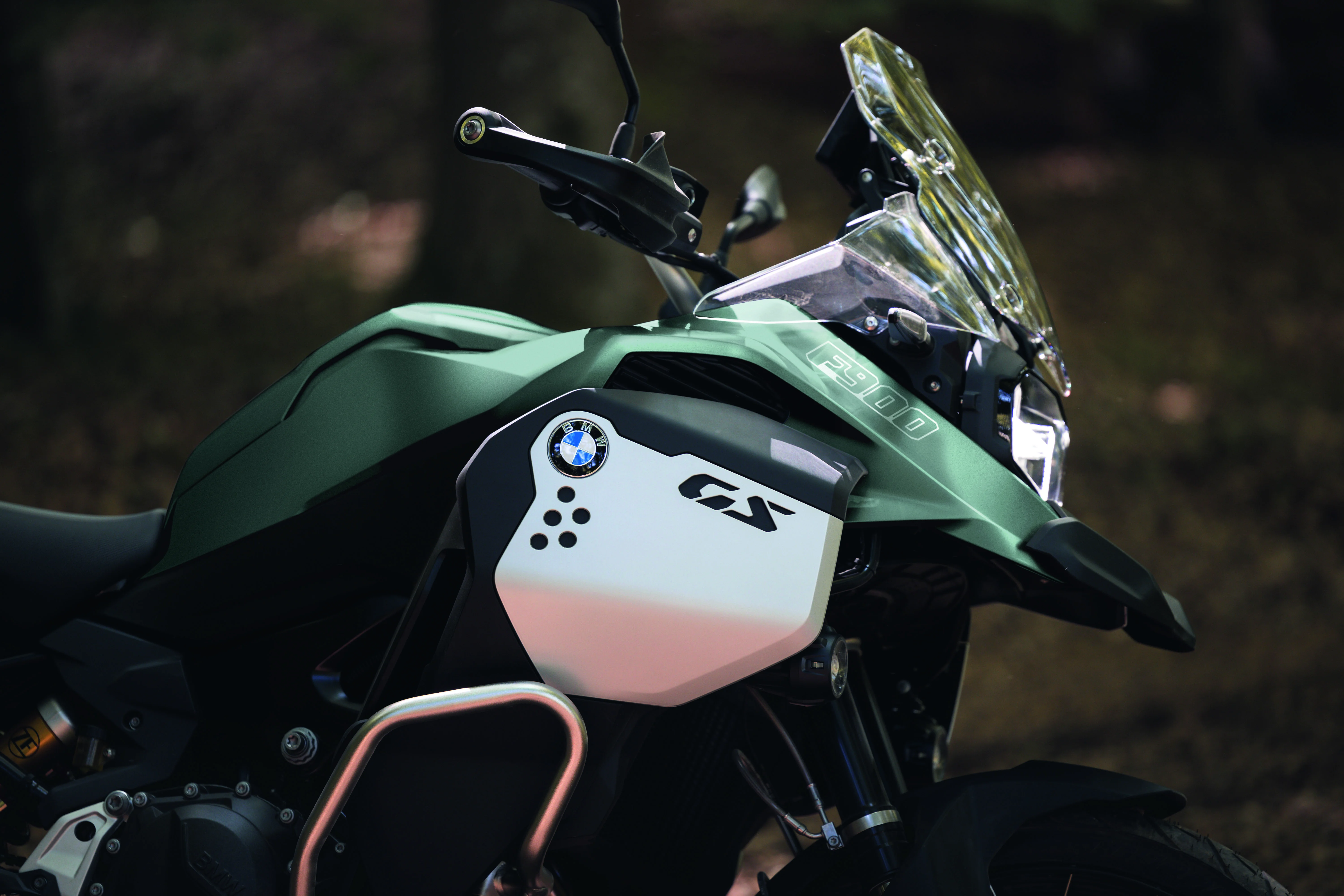 2026 BMW F 900 GS Adventure parked in dark woodland with moody forest lighting.